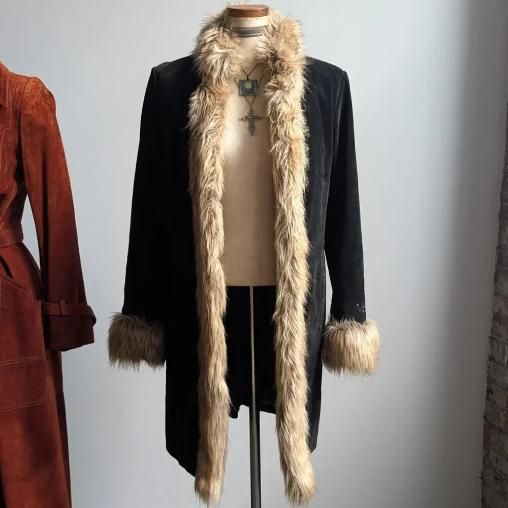 Vintage Leather Penny Lane Jacket Faux Fur Furry 70s Afghan Tapestry Trench Coat - Picture 8 of 16